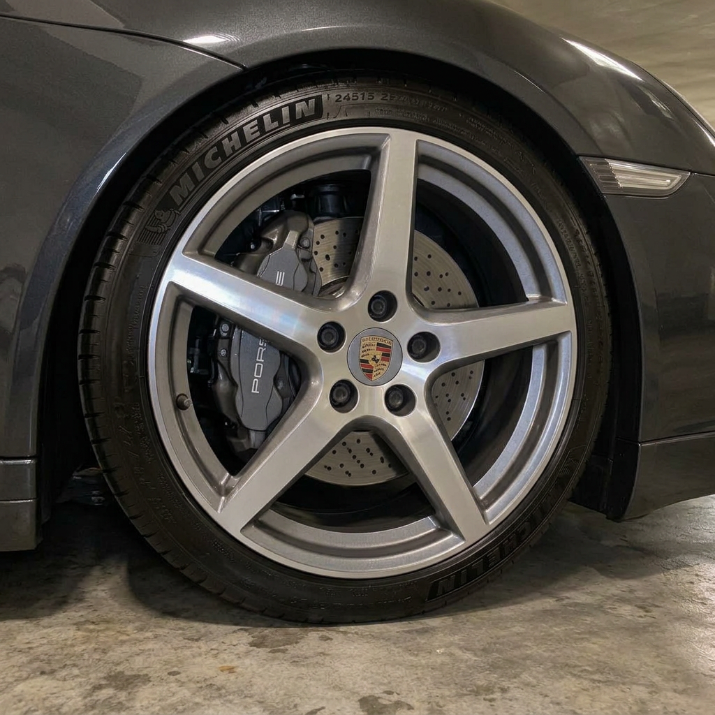 Glossy clean alloy wheel and dressed tyre after cleaning