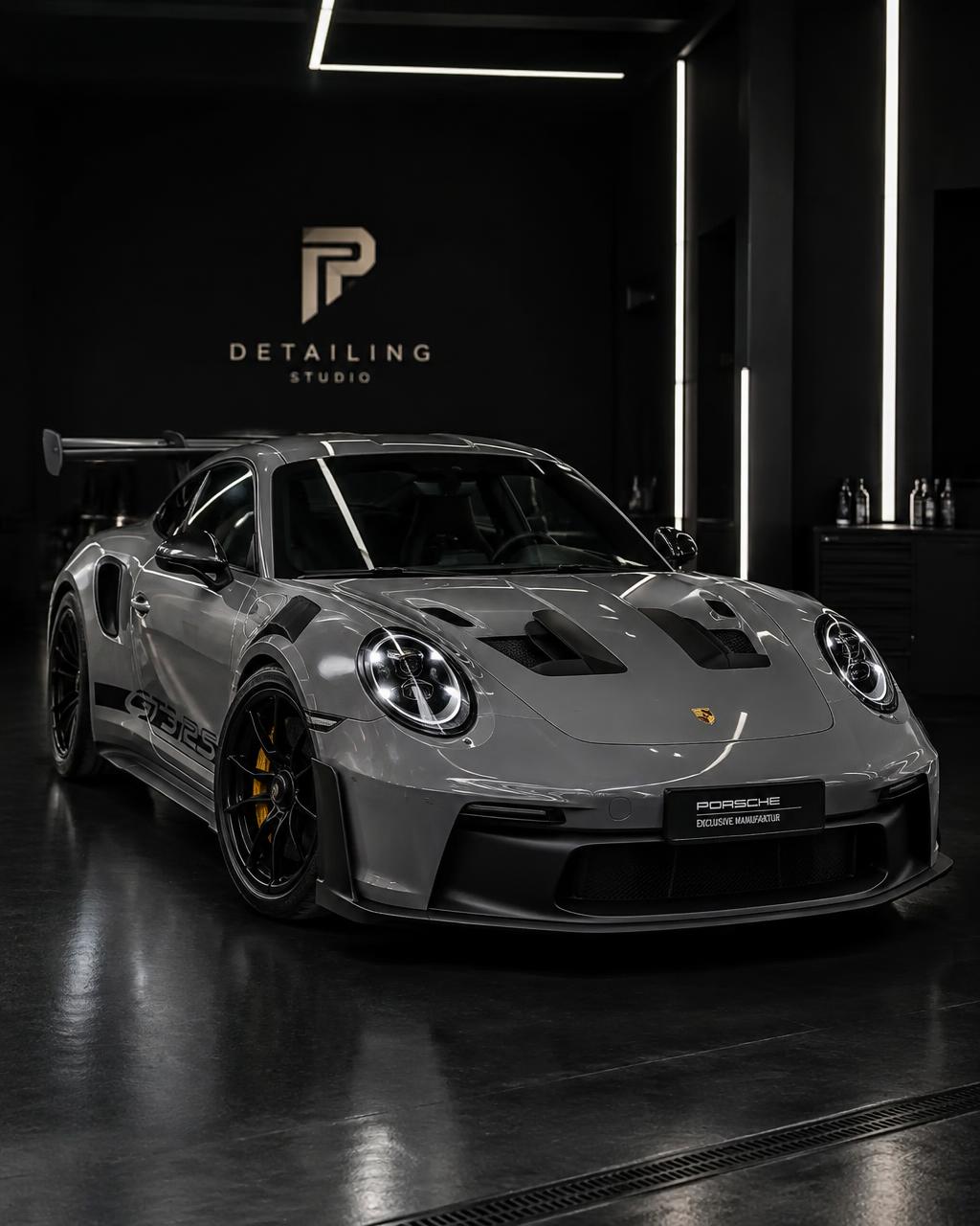 Grey Porsche 911 GT3 RS detailed in the dark studio at TCD — Tristan's Car Detailing